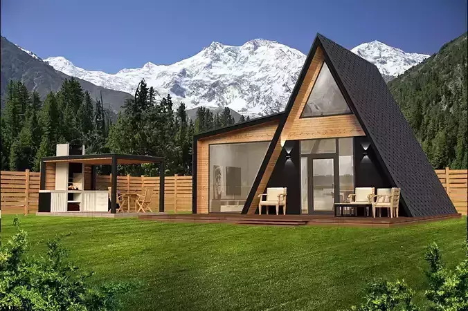 A-frame cabin and outdoor kitchen furniture 3D model