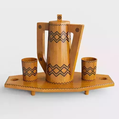 Wooden tray with jug and glasses 3D model