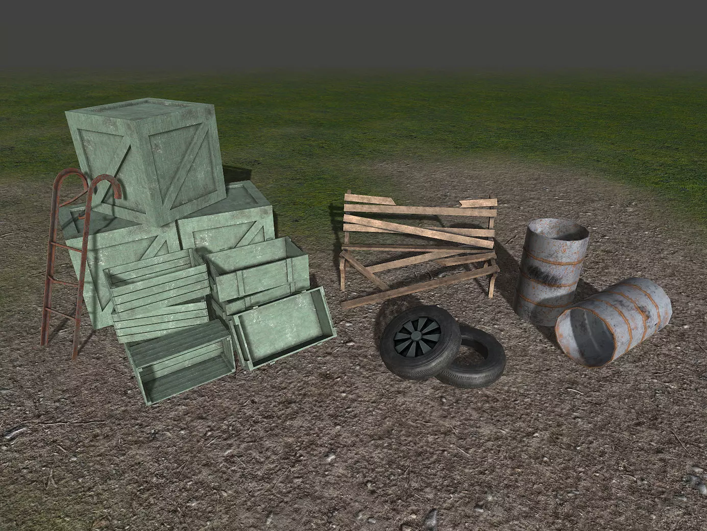 Trashed props collection - crates-barrels-tyres - PBR - lowpoly Low-poly 3D model