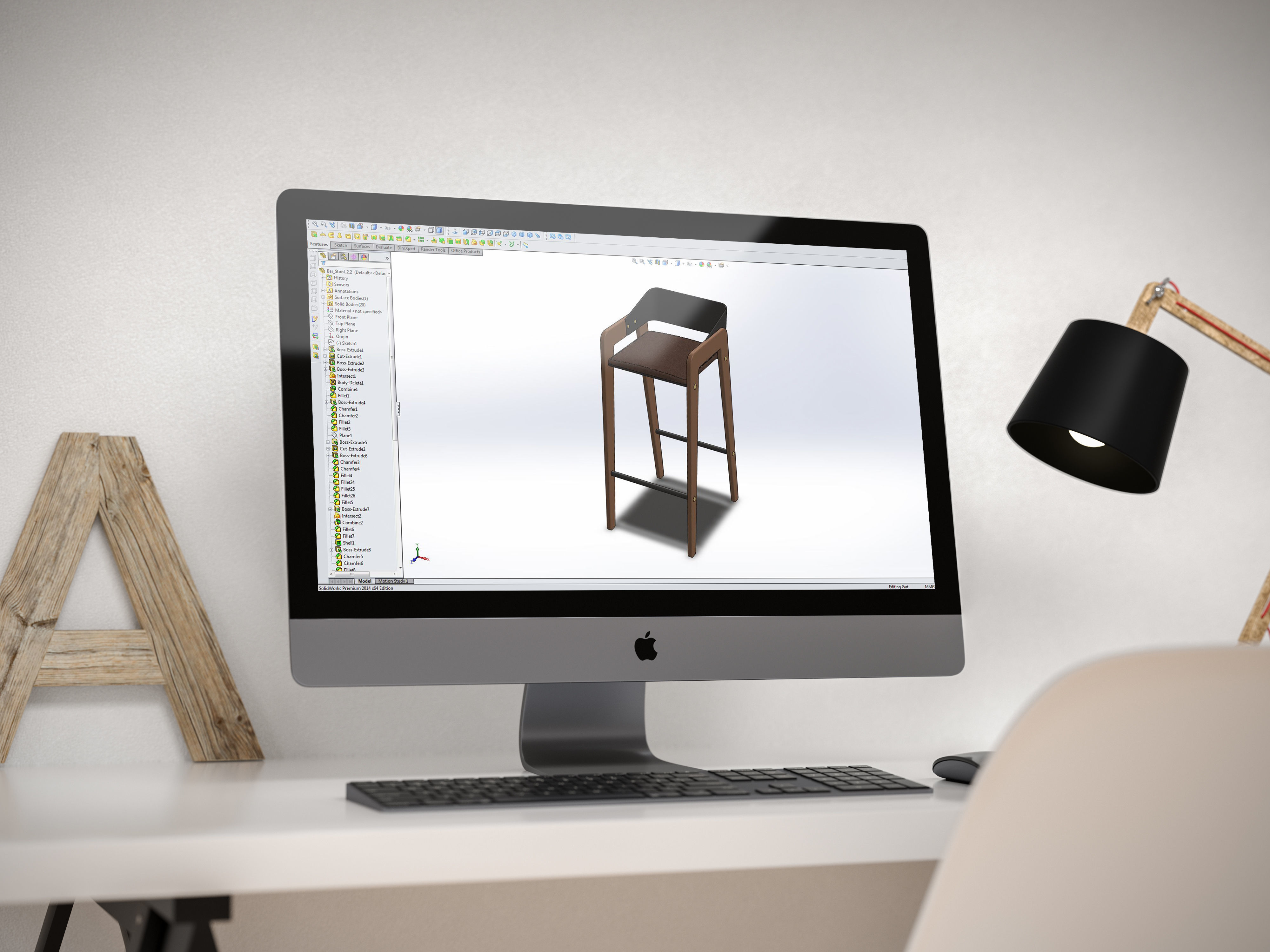 Designer Bar Stool Mid Century Modern Style Made From Walnut 3D model_7