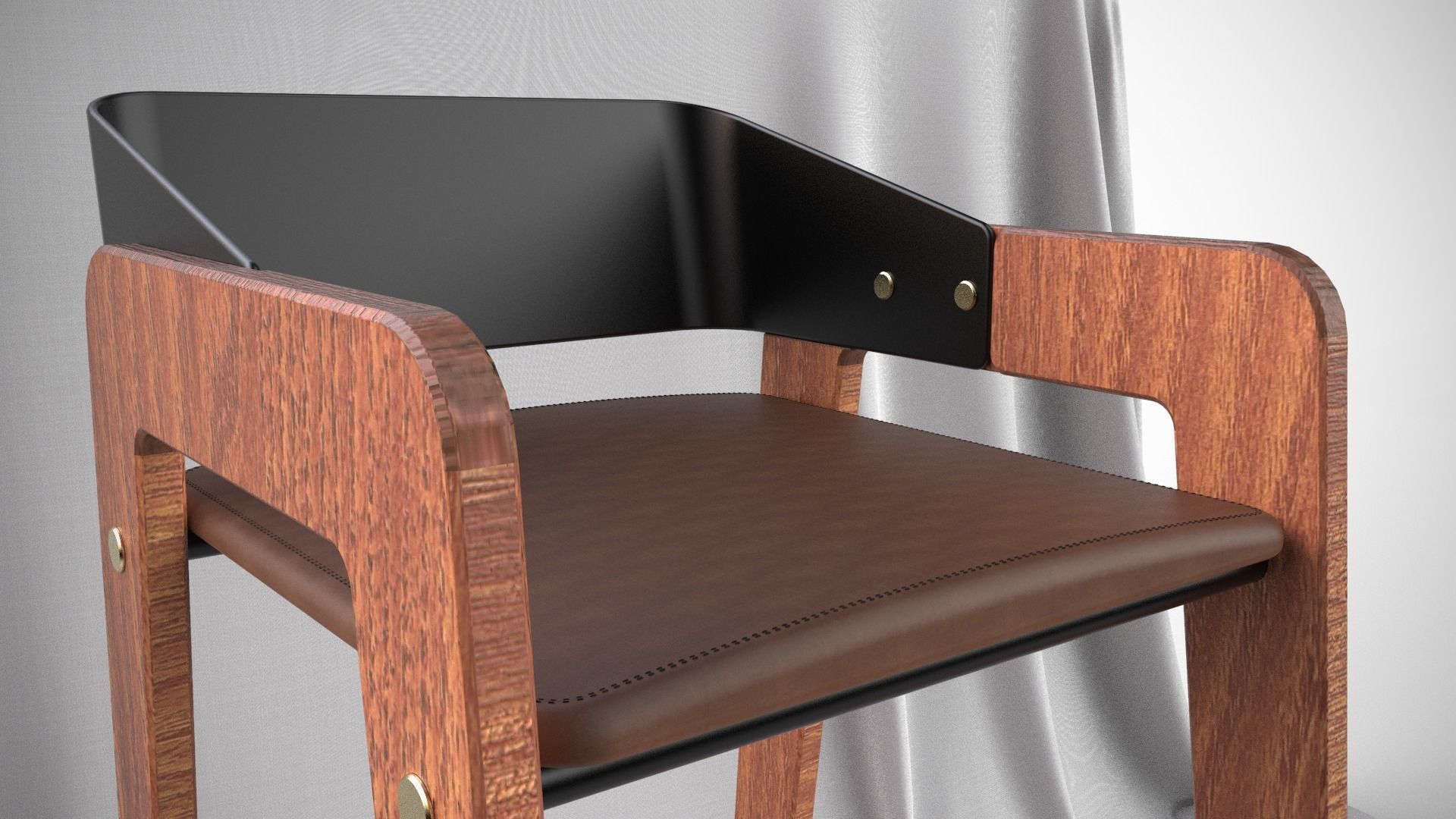 Designer Bar Stool Mid Century Modern Style Made From Walnut 3D model_6