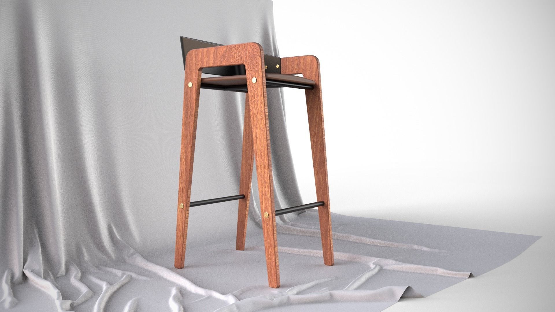 Designer Bar Stool Mid Century Modern Style Made From Walnut 3D model_4