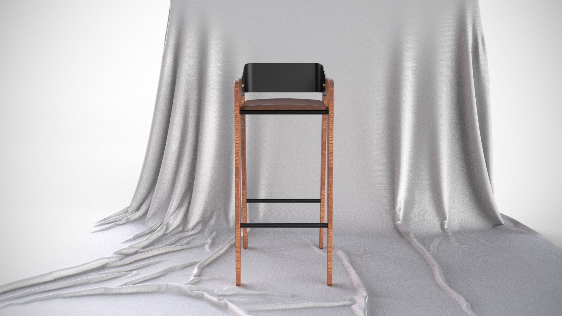 Designer Bar Stool Mid Century Modern Style Made From Walnut 3D model_2
