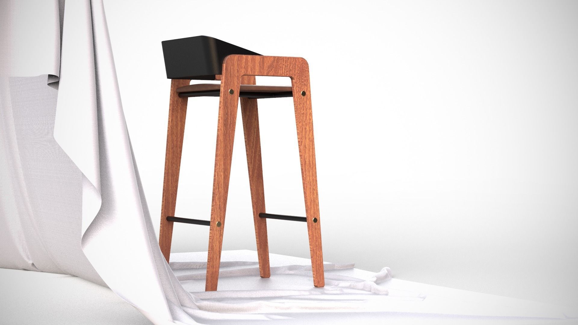 Designer Bar Stool Mid Century Modern Style Made From Walnut 3D model_5