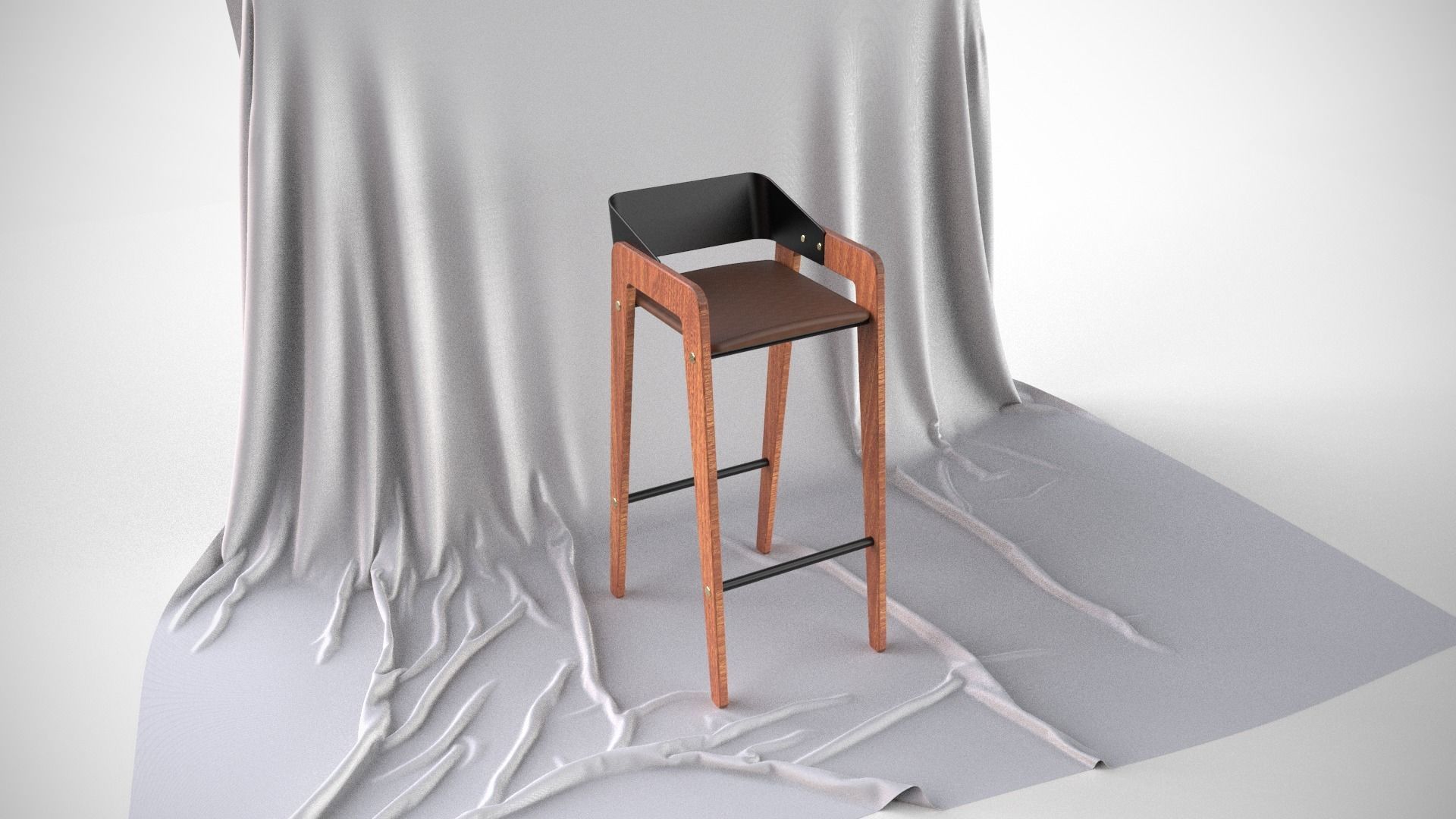 Designer Bar Stool Mid Century Modern Style Made From Walnut 3D model_1