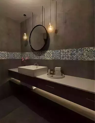 Restroom bathroom with tiled walls and mirror