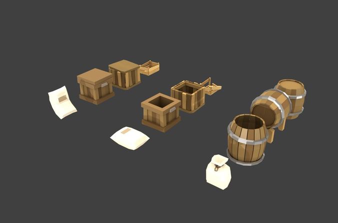 Pack boxs barrels and bags low poly Low-poly 3D model