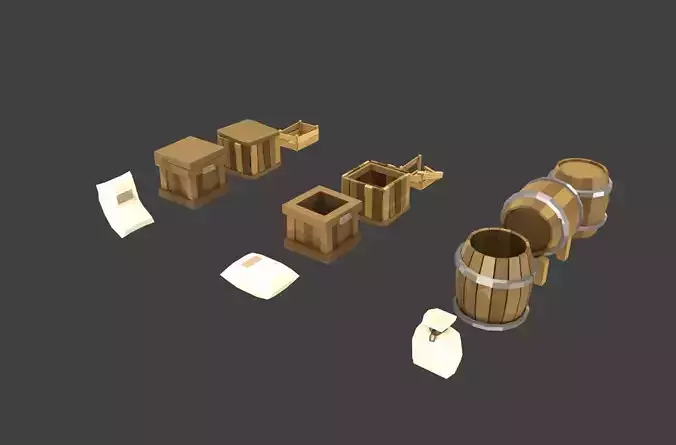 Pack boxs barrels and bags low poly