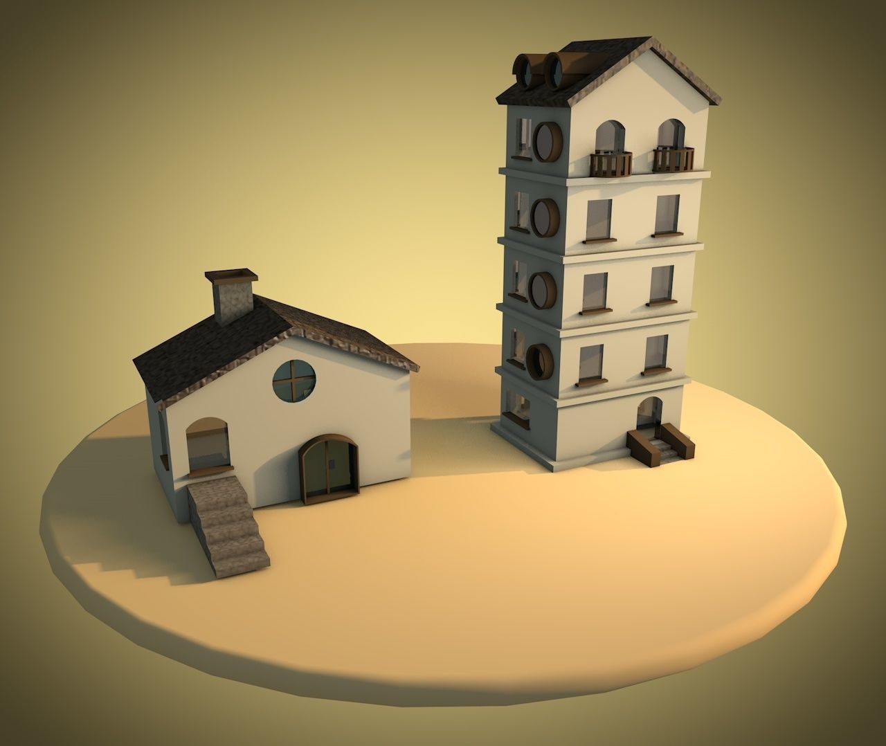 cartoon houses in Spanish cottage style 3D model_1
