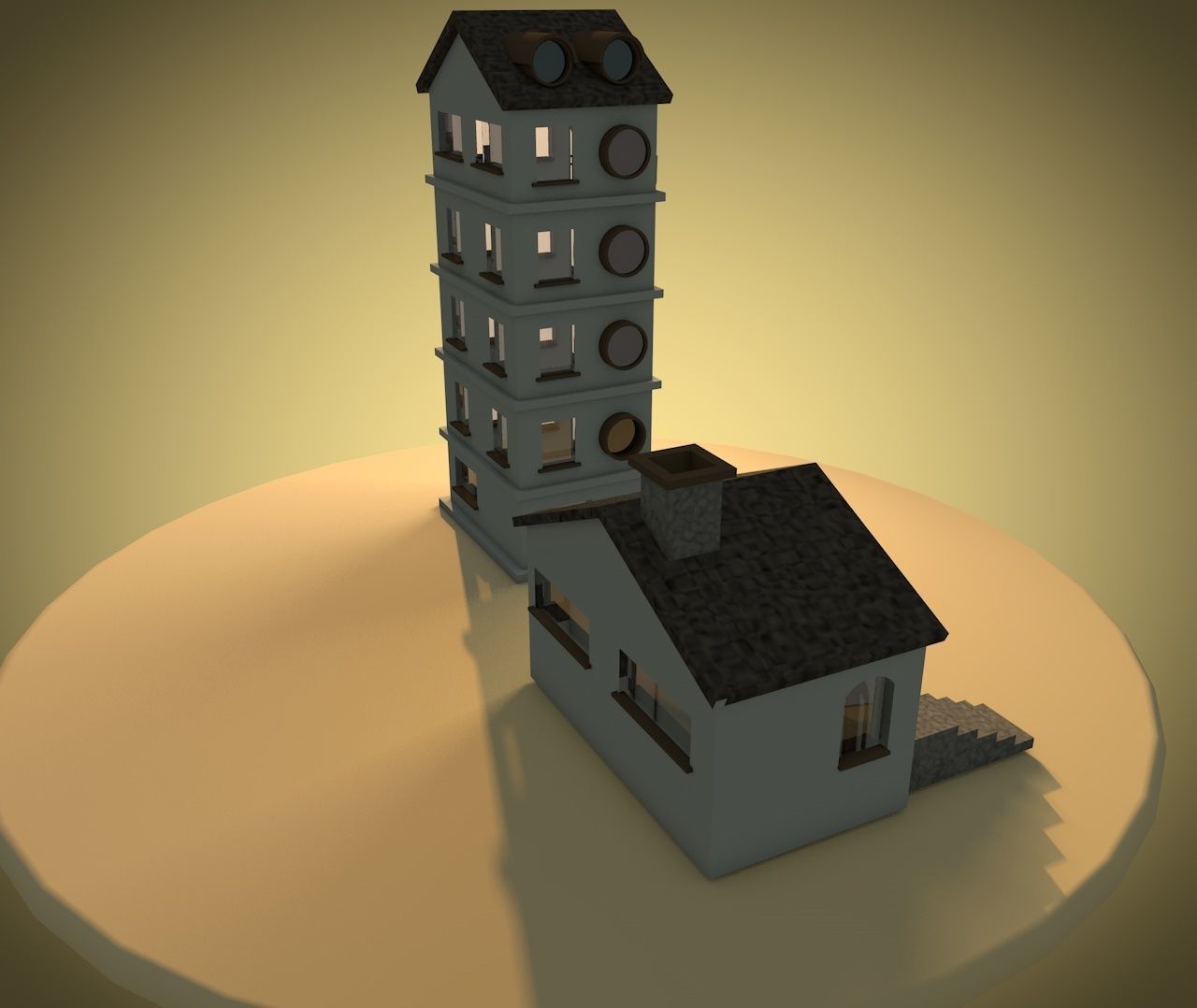 cartoon houses in Spanish cottage style 3D model_3