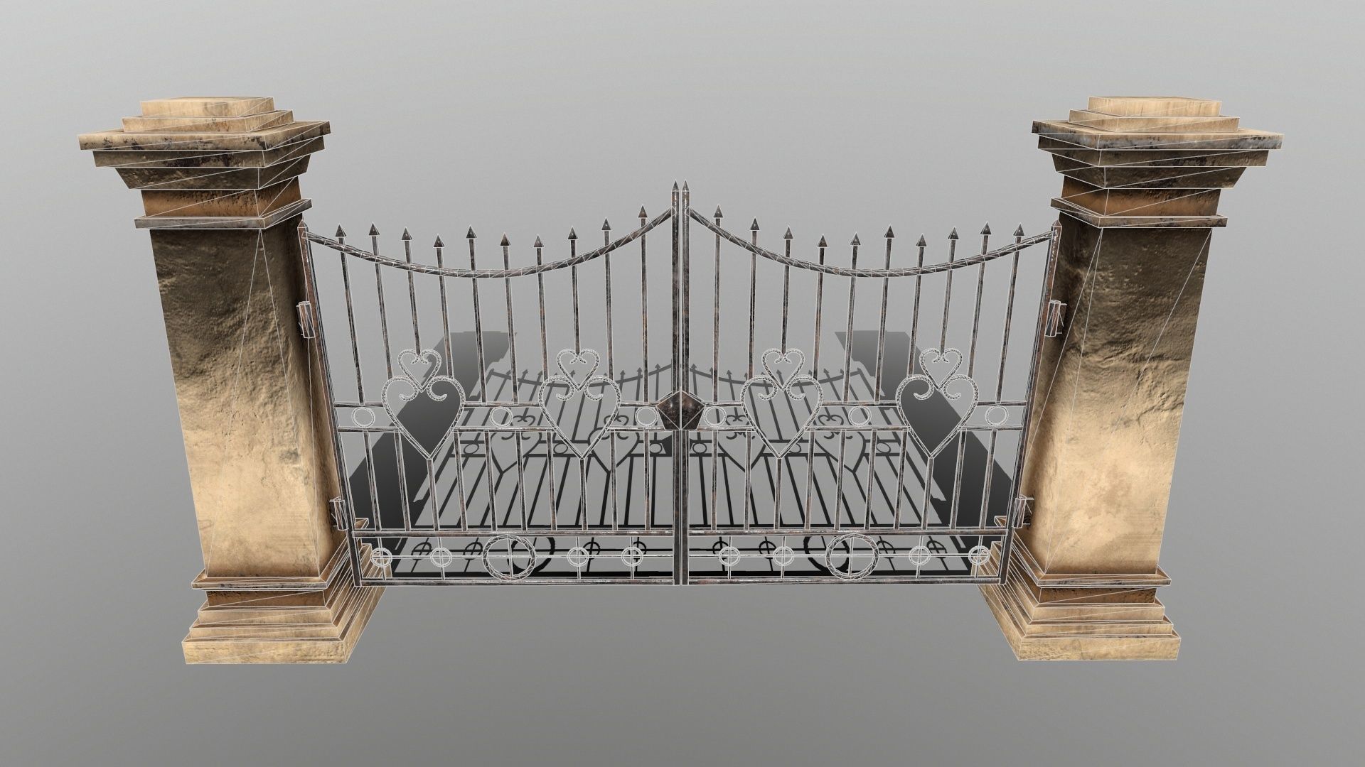 WALL SET stone with iron railings Low-poly 3D model_3
