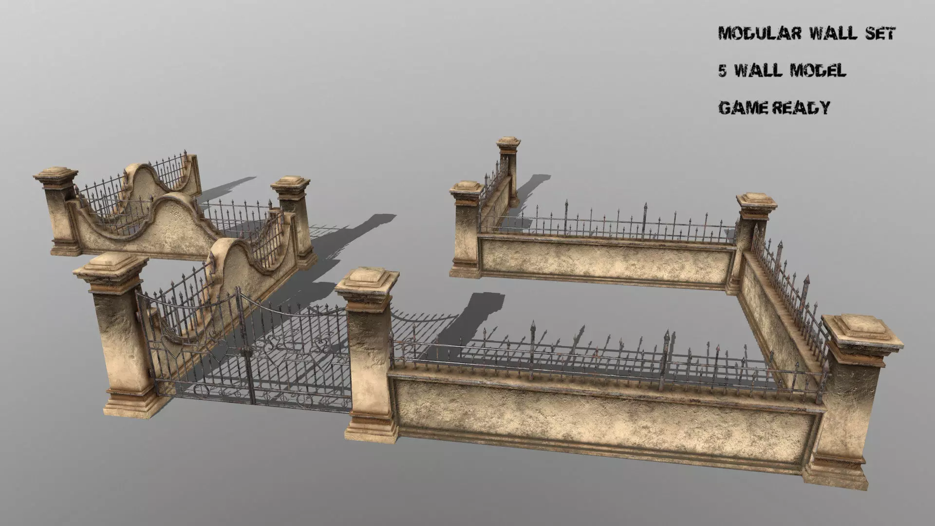 WALL SET stone with iron railings Low-poly 3D model_0