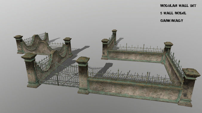 wall set two wrought iron gates Low-poly 3D model