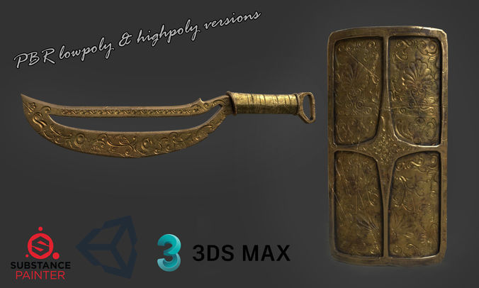 Sword and Shield lowpoly highpoly Free low-poly 3D model