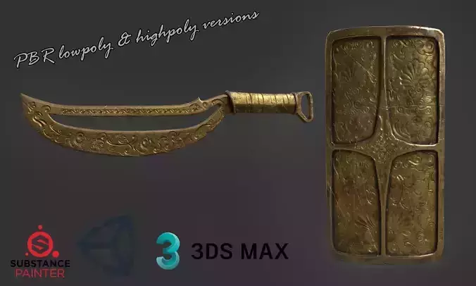 Sword and Shield lowpoly highpoly Free low-poly 3D model