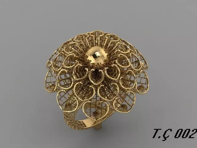 yuzuk gold filigree flower ring 3D print model