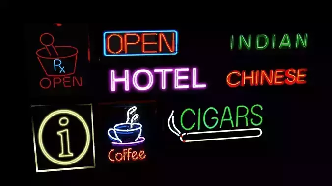 PBR Neon Sign Pack City Urban Environment Elements Prop Grunge Low-poly 3D model