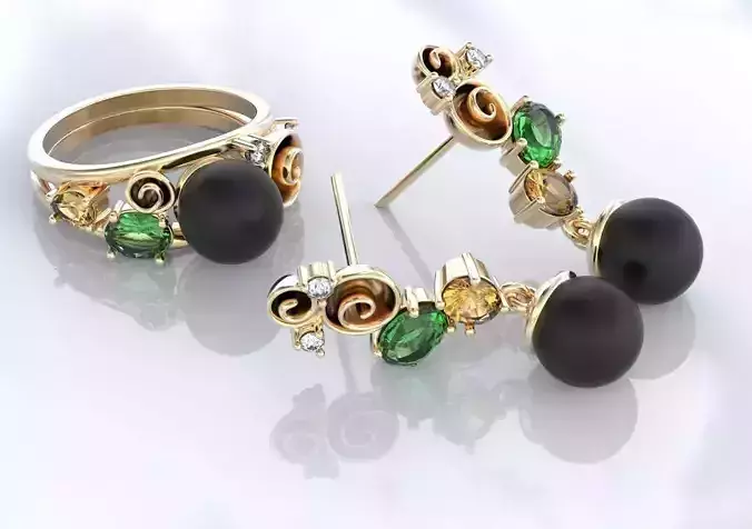 Stylish antique set of earrings and a ring for pearls 389