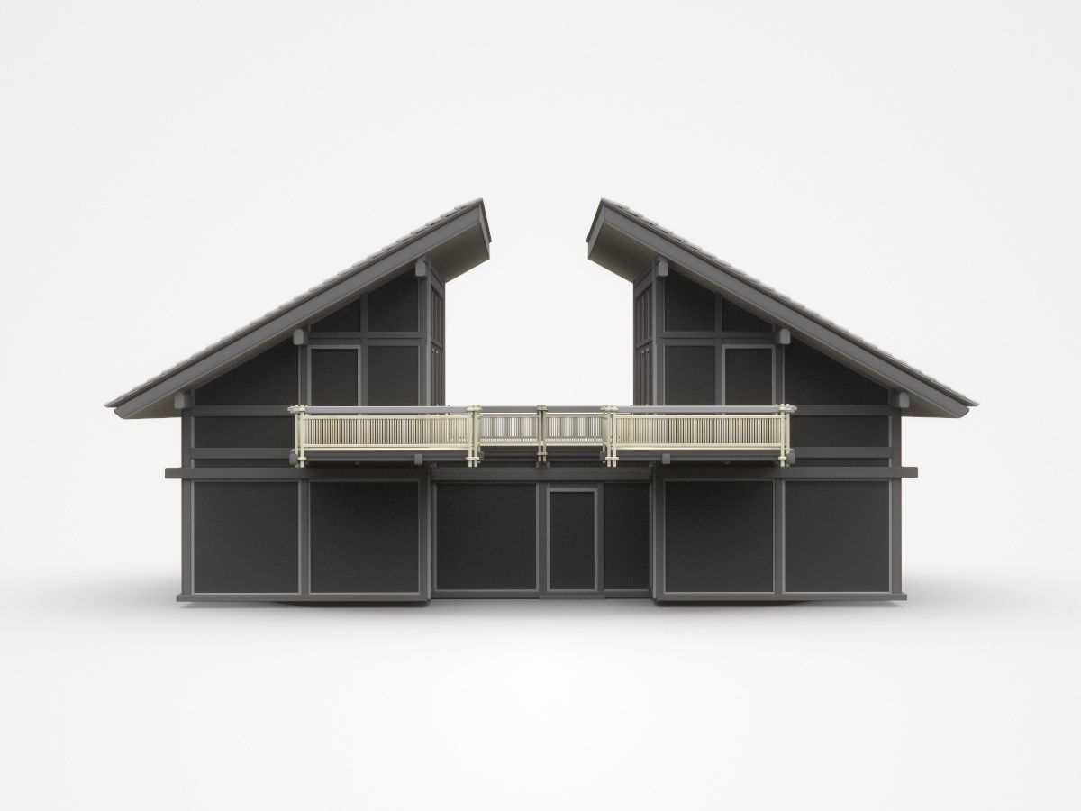 Dark Two-storey House With Separate Roof And Connected Veranda 3D model_2