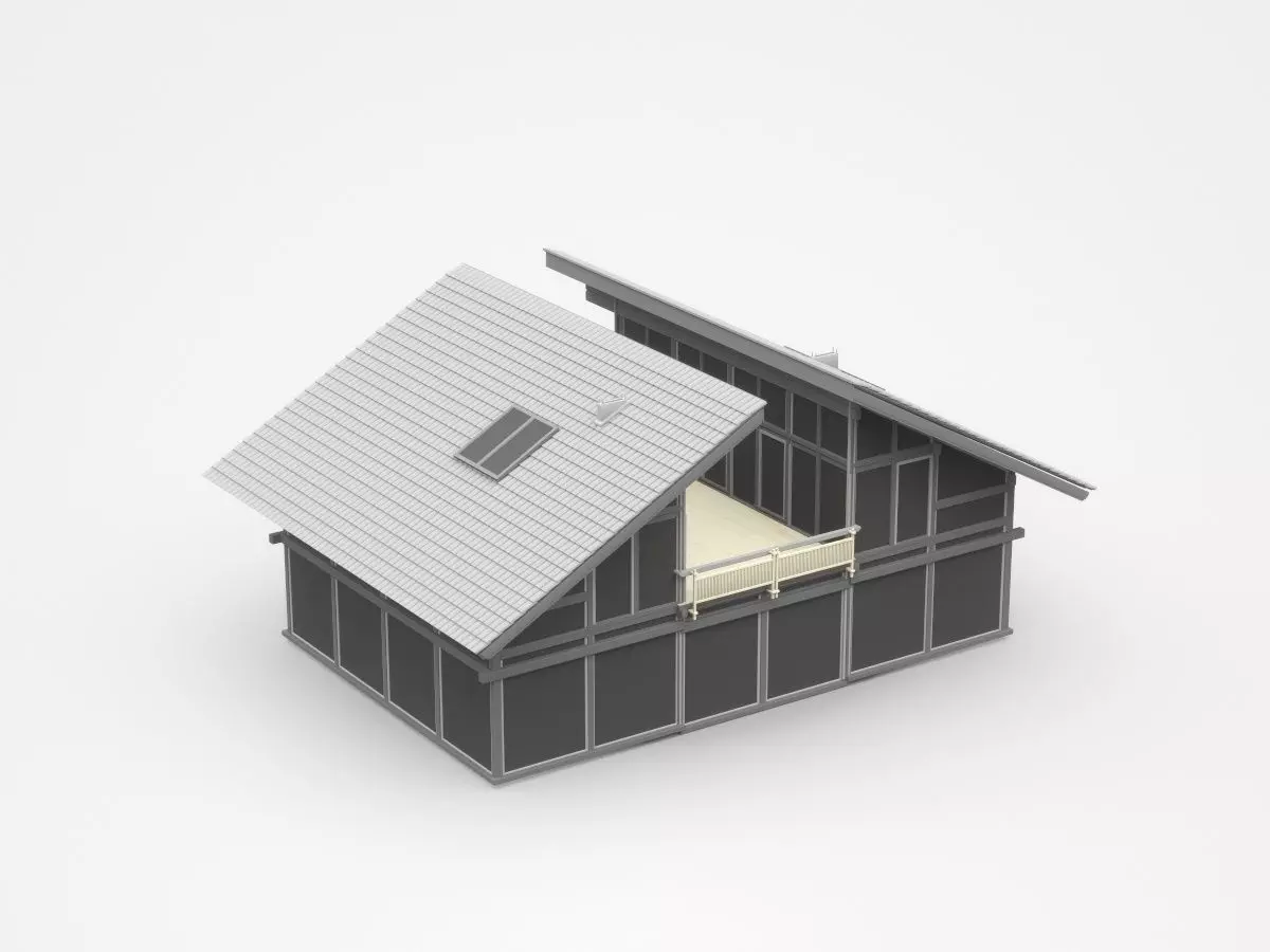 Dark Two-storey House With Separate Roof And Connected Veranda 3D model_0