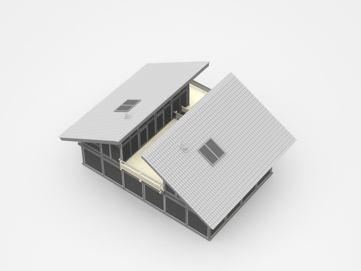 Dark Two-storey House With Separate Roof And Connected Veranda 3D model_1