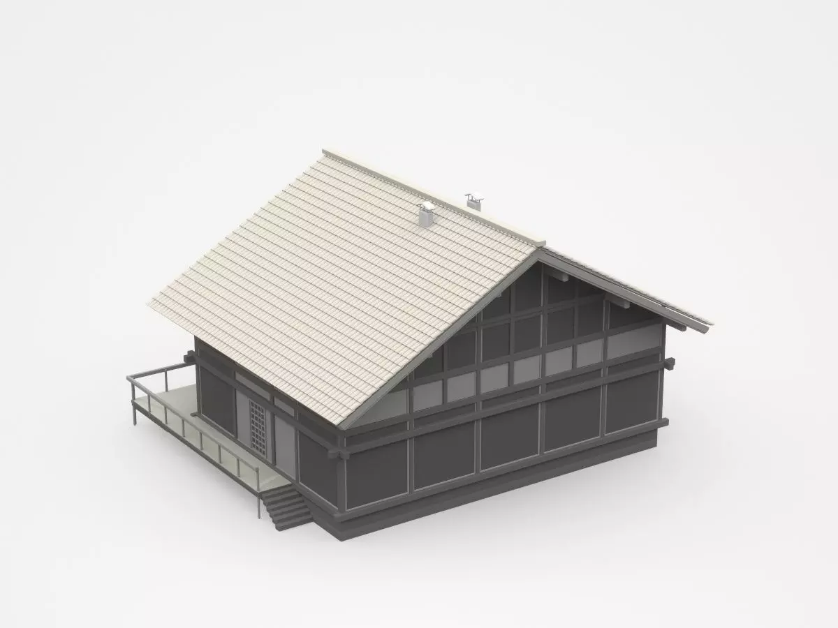 Dark Two-storey House With Long Veranda And Balcony 3D model_0