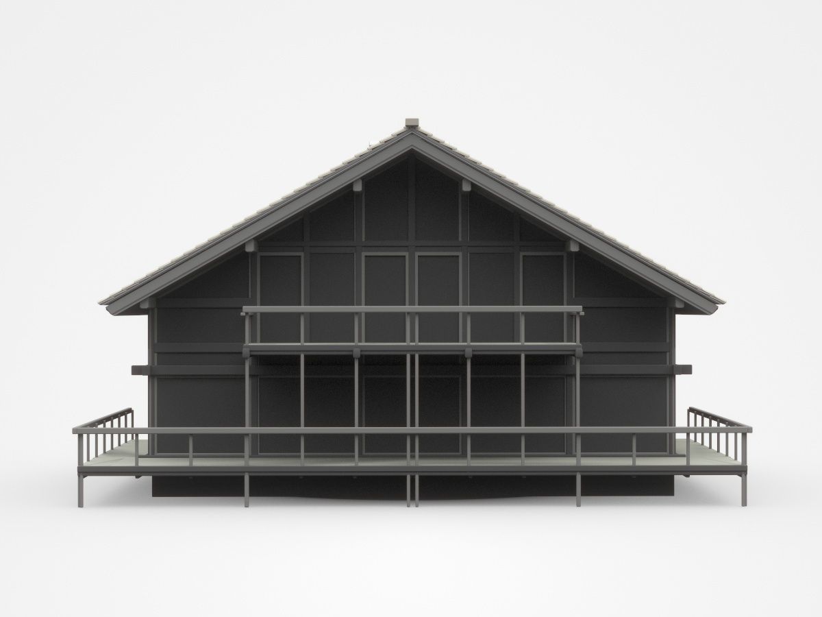 Dark Two-storey House With Long Veranda And Balcony 3D model_2