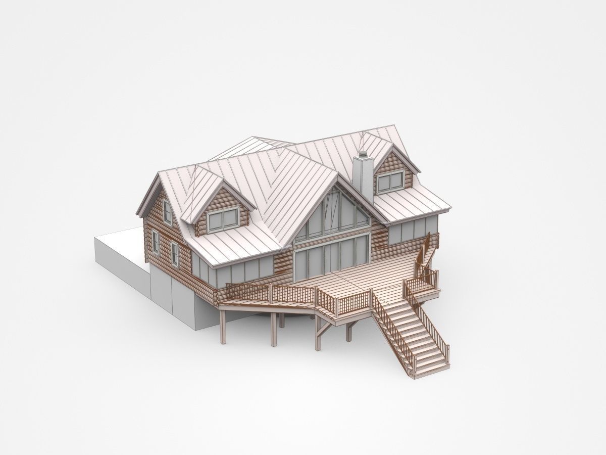 Two-storey Wooden House With Large Entrance 3D model_4