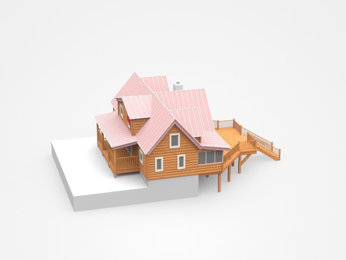 Two-storey Wooden House With Large Entrance 3D model_3