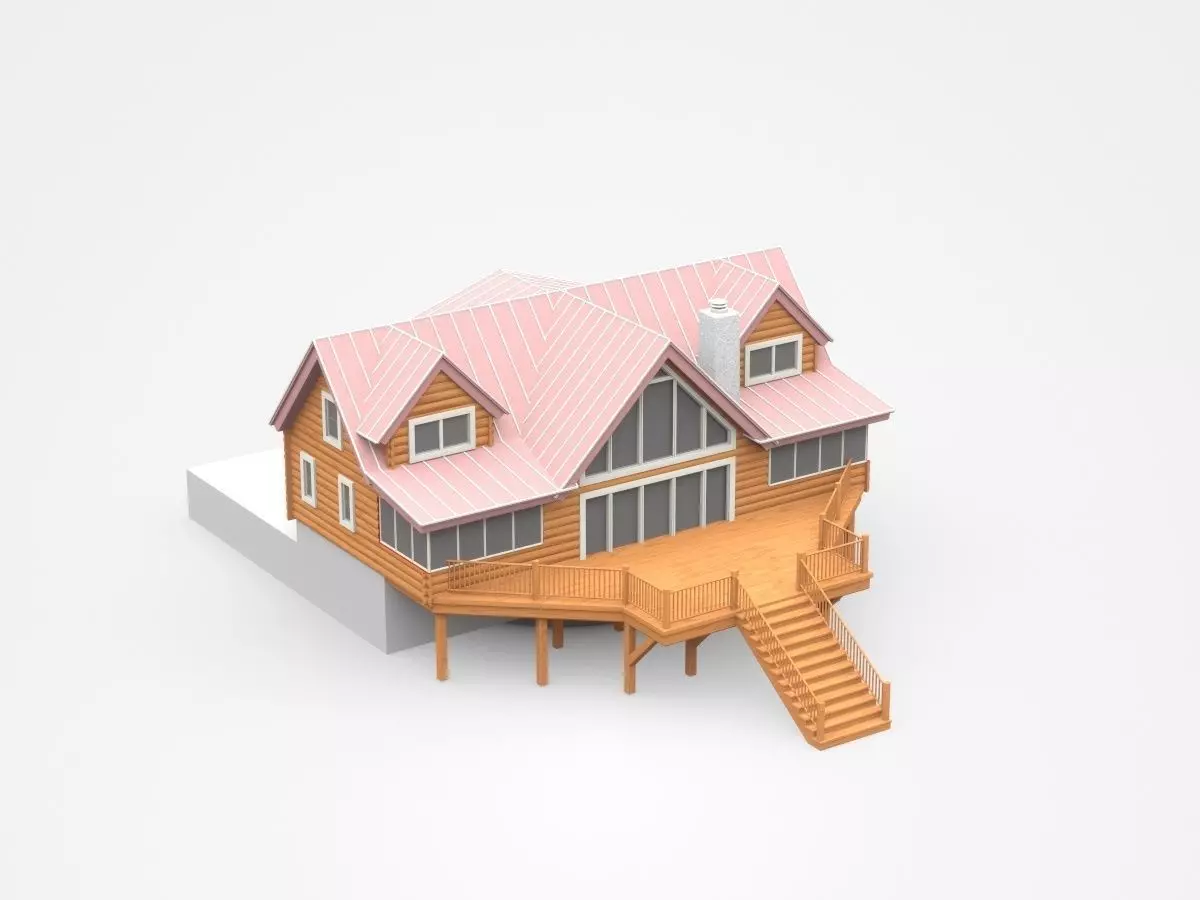 Two-storey Wooden House With Large Entrance 3D model_0