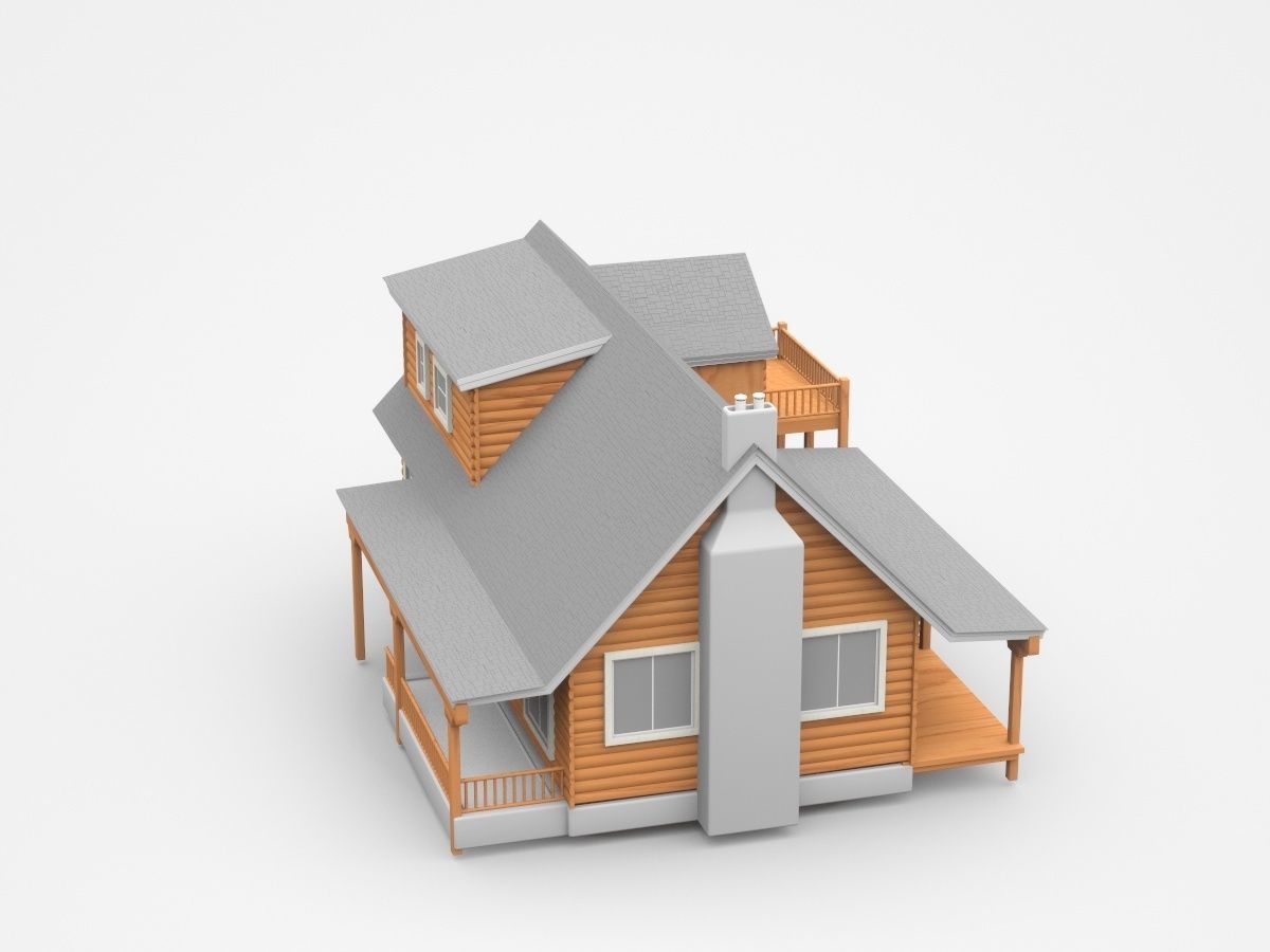 Wooden House With Veranda And Balcony 3D model_3