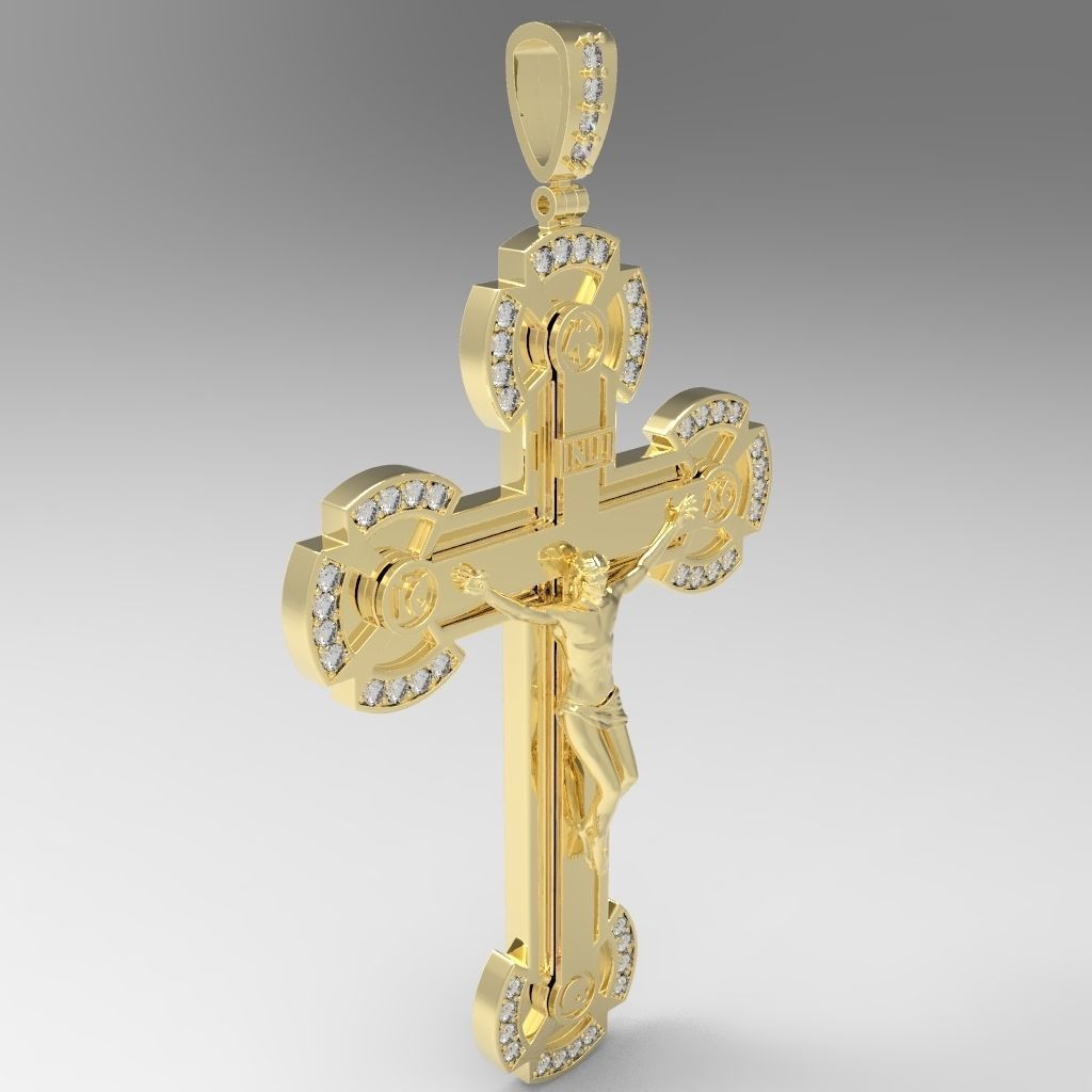 cross gold pendant with diamonds 3D print model_1