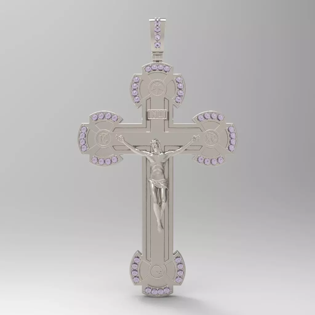 cross gold pendant with diamonds 3D print model_0