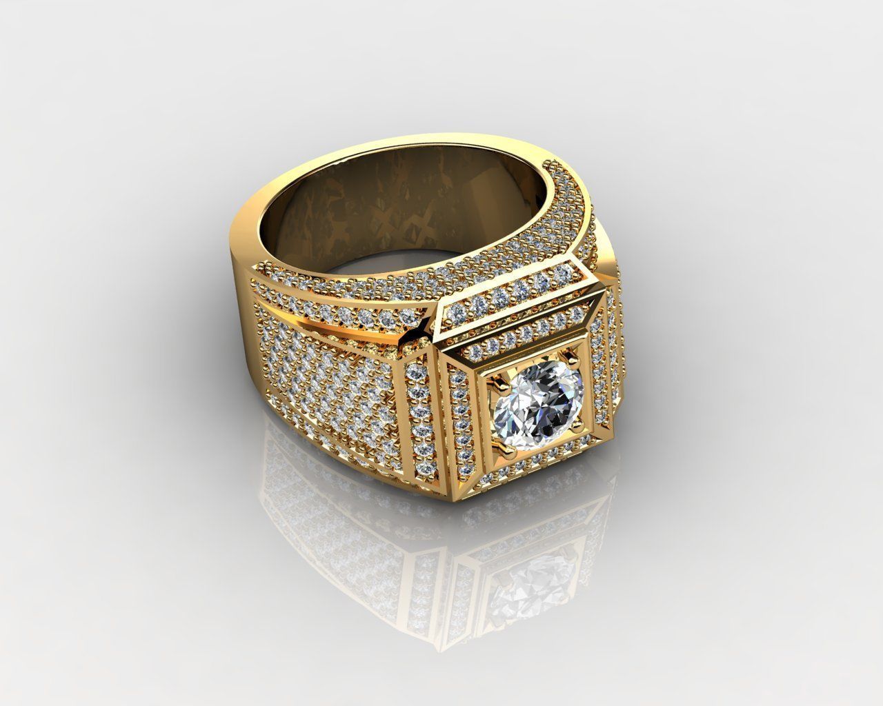 Men Ring Yellow Gold Diamond Ring 3D print model_4