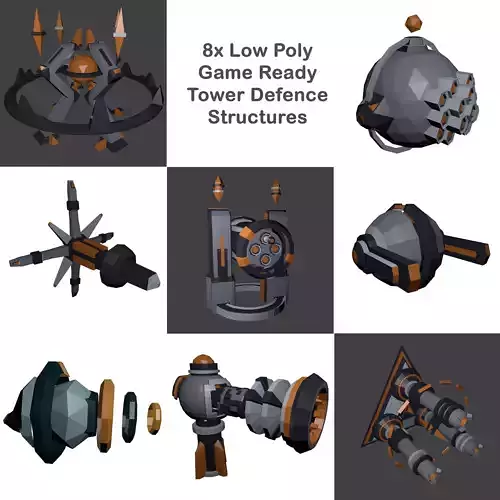8x Low-Poly Tower Defence Models and Base - Game ready Low-poly 3D model