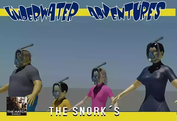 The Snork family on the beach Low-poly 3D model