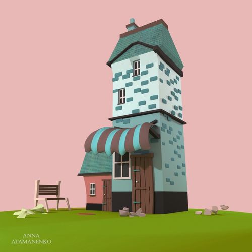 Movie pink low poly house Low-poly 3D model