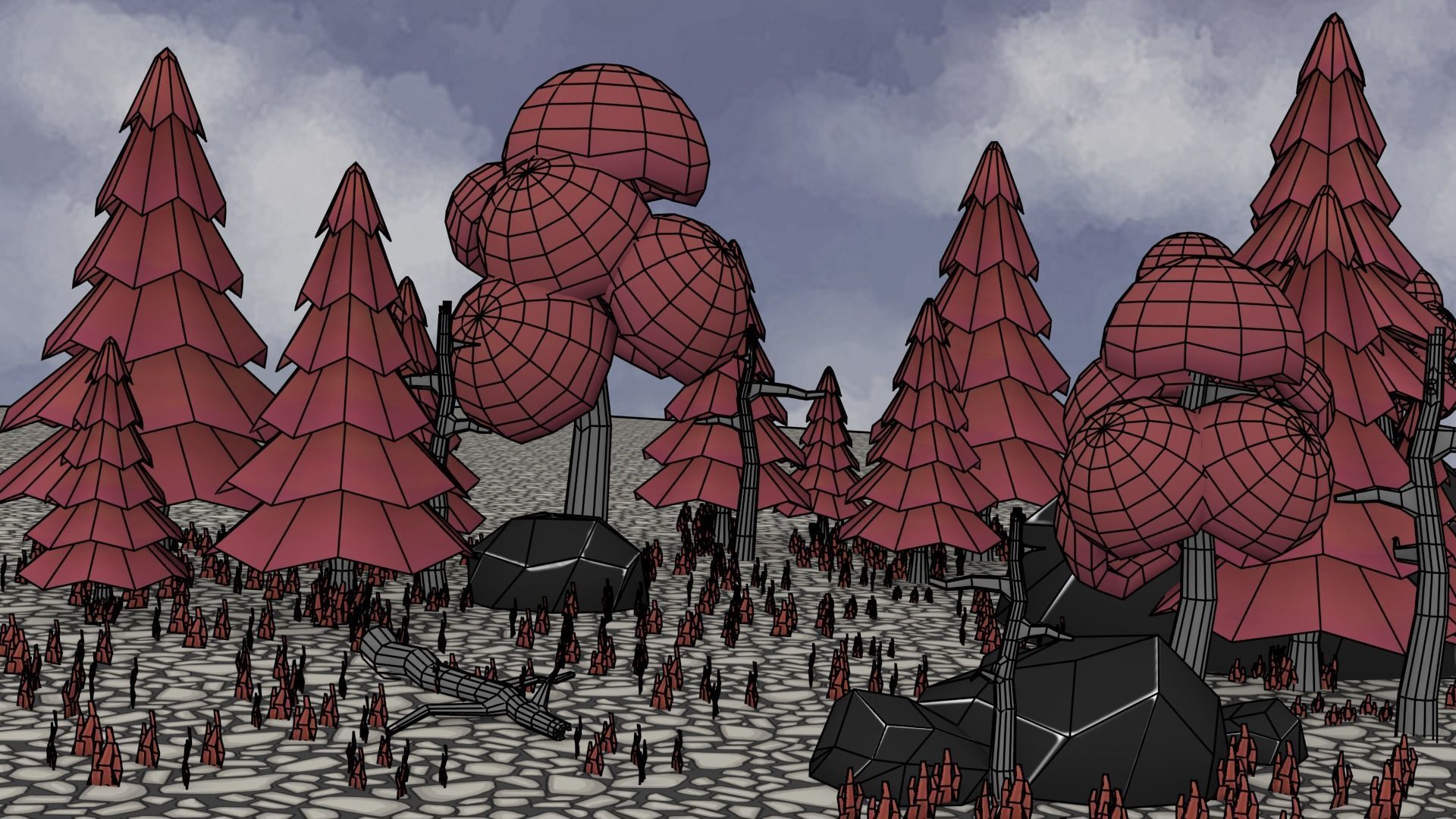 Forest with trees and balls Low-poly 3D model_3