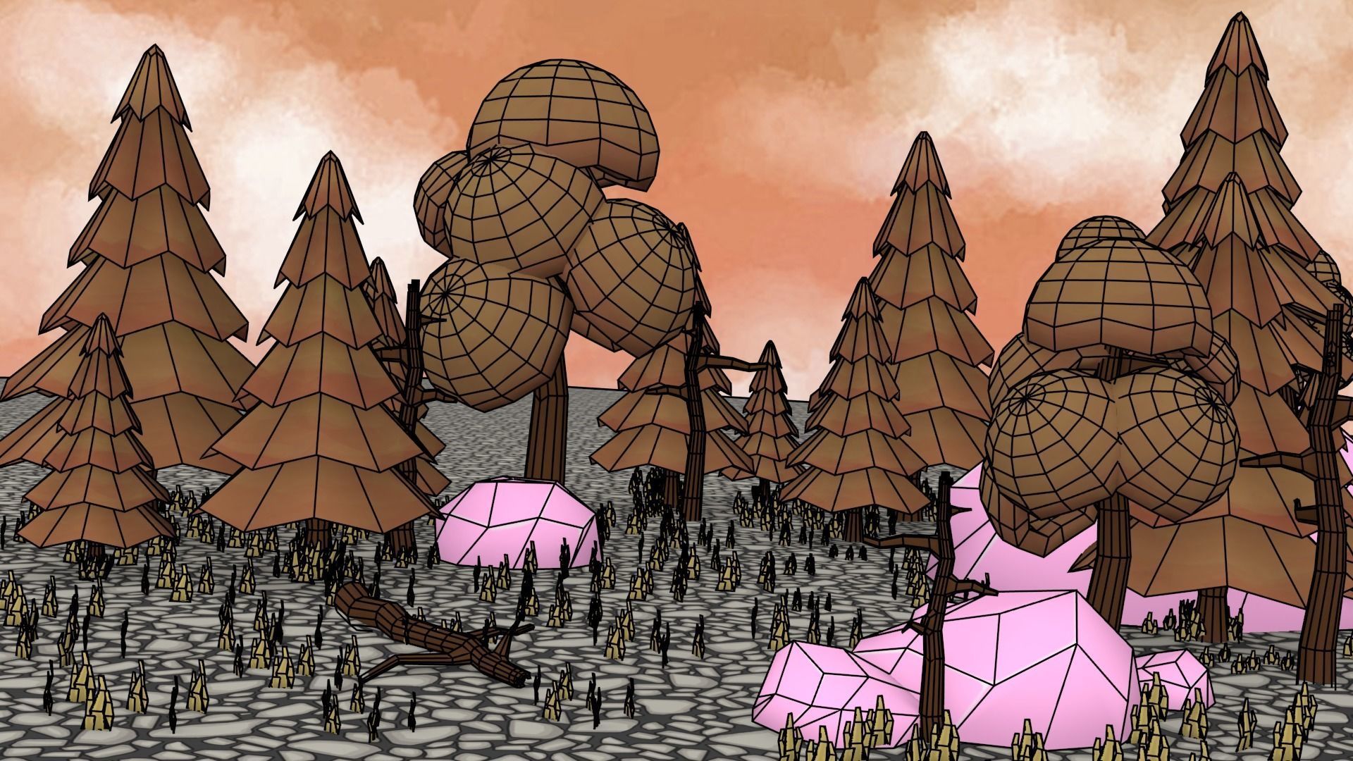 Forest with trees and balls Low-poly 3D model_1