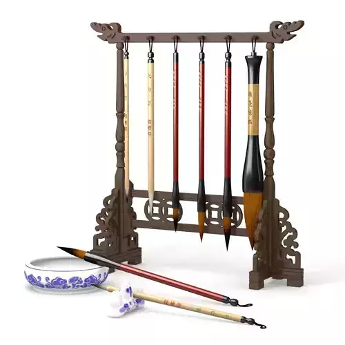 Chinese Calligraphy Brush Set - Pens - holder -  Wooden Stand Low-poly 3D model