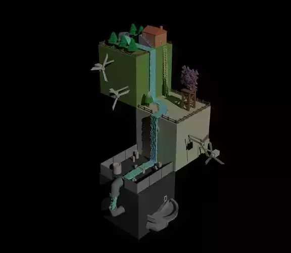 3D cartoon Buildings and Waterfalls