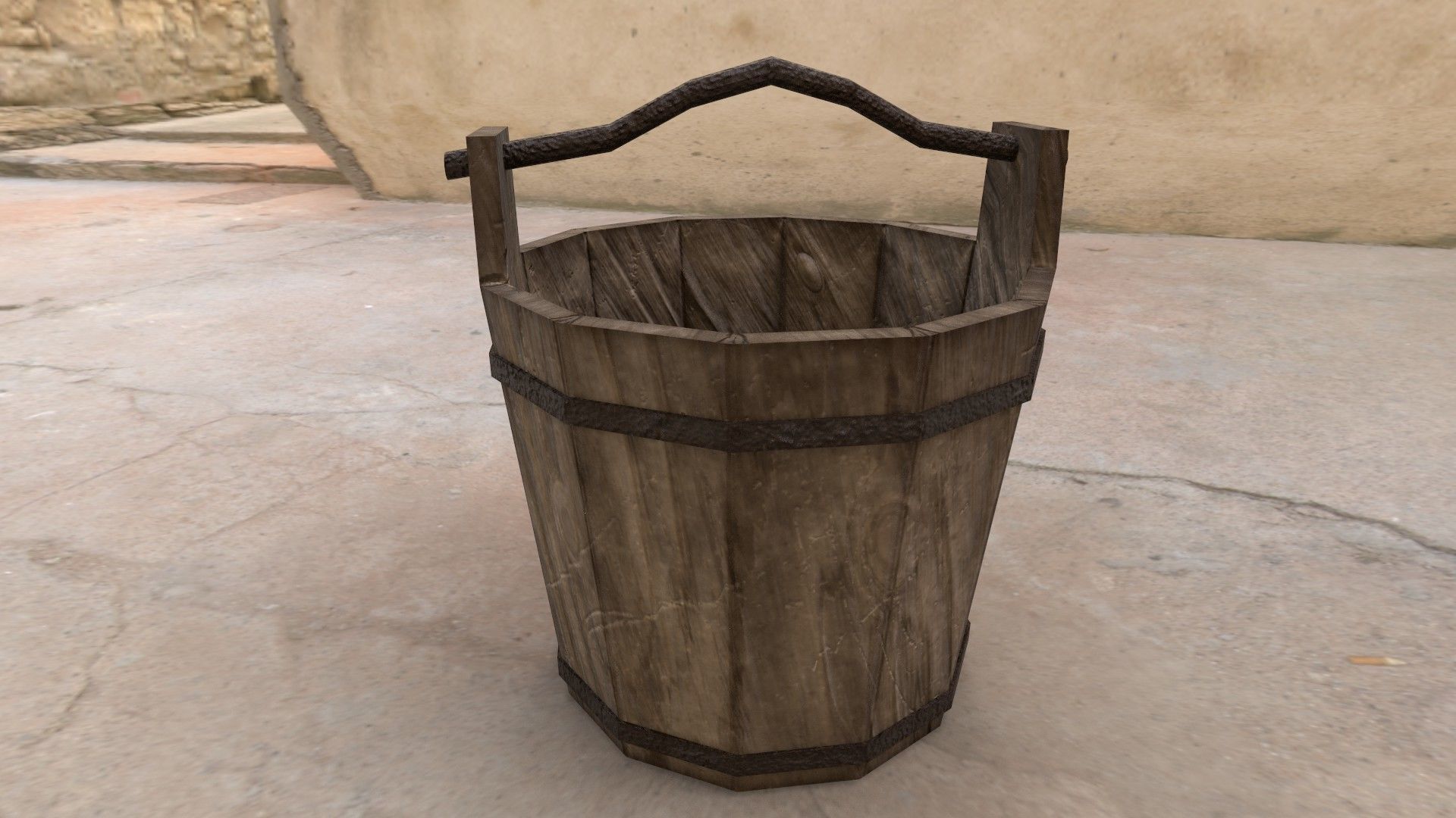 Medieval Wooden Bucket with Metal Handle Low-poly 3D model_1