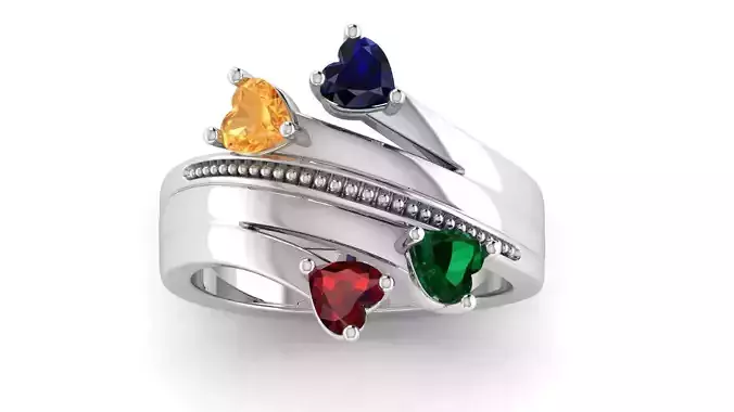 4 Heart Sprouting Family gemstone Ring