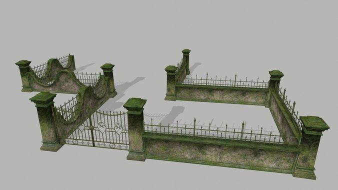 wall set 4 wooden fence with iron railings Low-poly 3D model