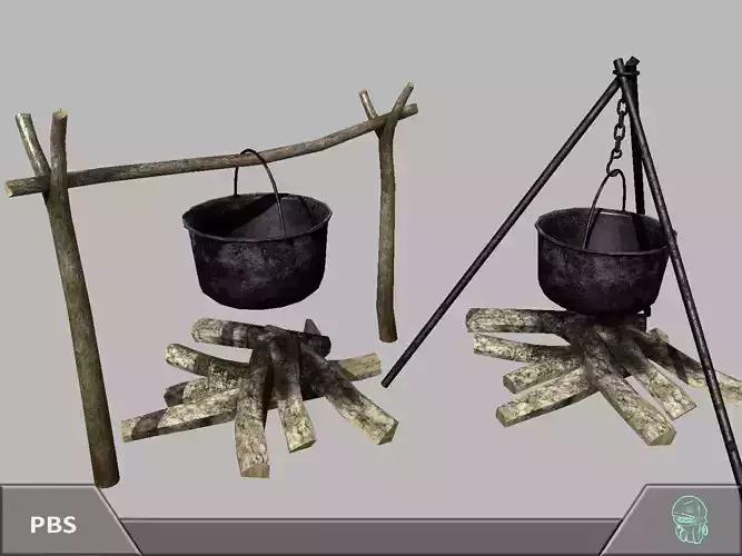 Bonfire two pots and fire pit Low-poly 3D model