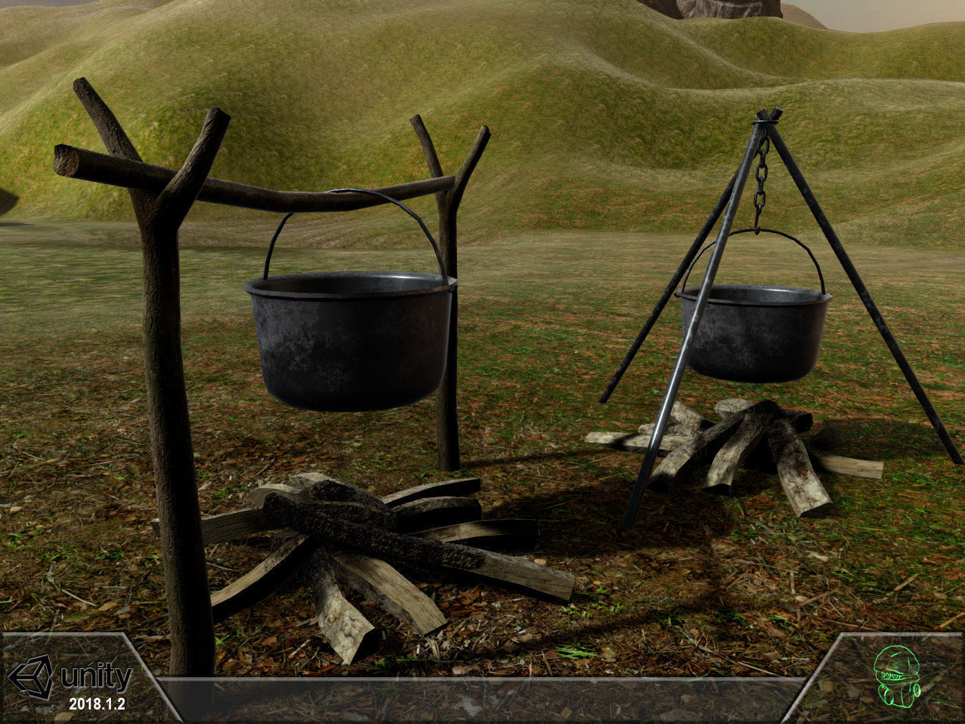 Bonfire two pots and fire pit Low-poly 3D model_6