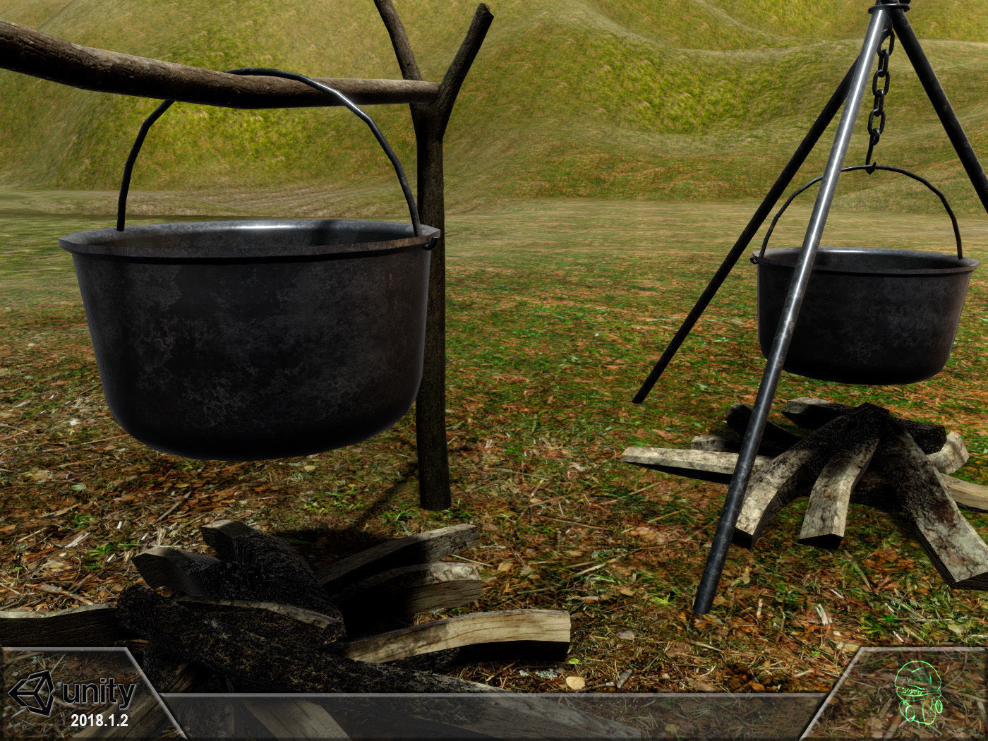 Bonfire two pots and fire pit Low-poly 3D model_2