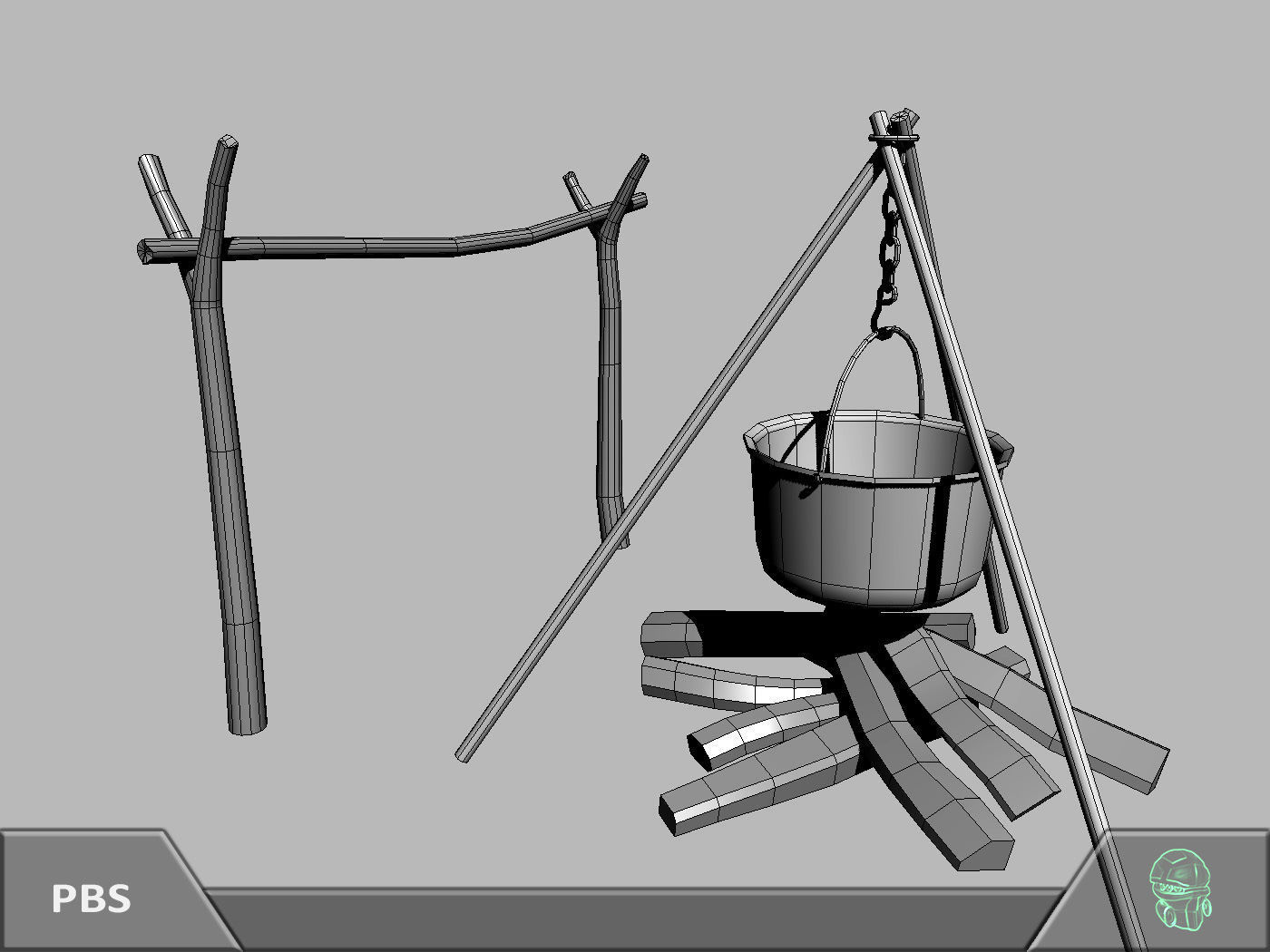 Bonfire two pots and fire pit Low-poly 3D model_8