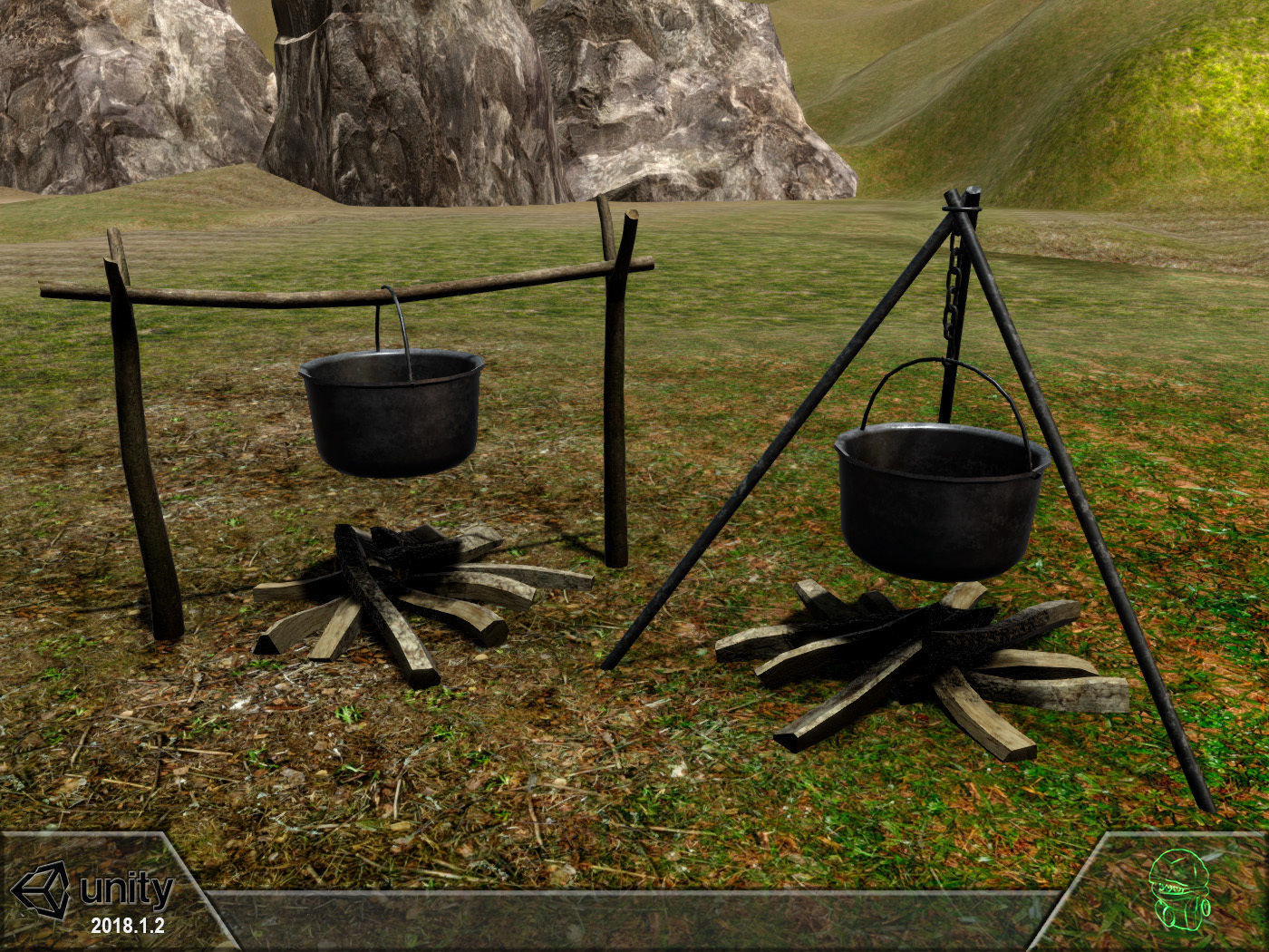 Bonfire two pots and fire pit Low-poly 3D model_1