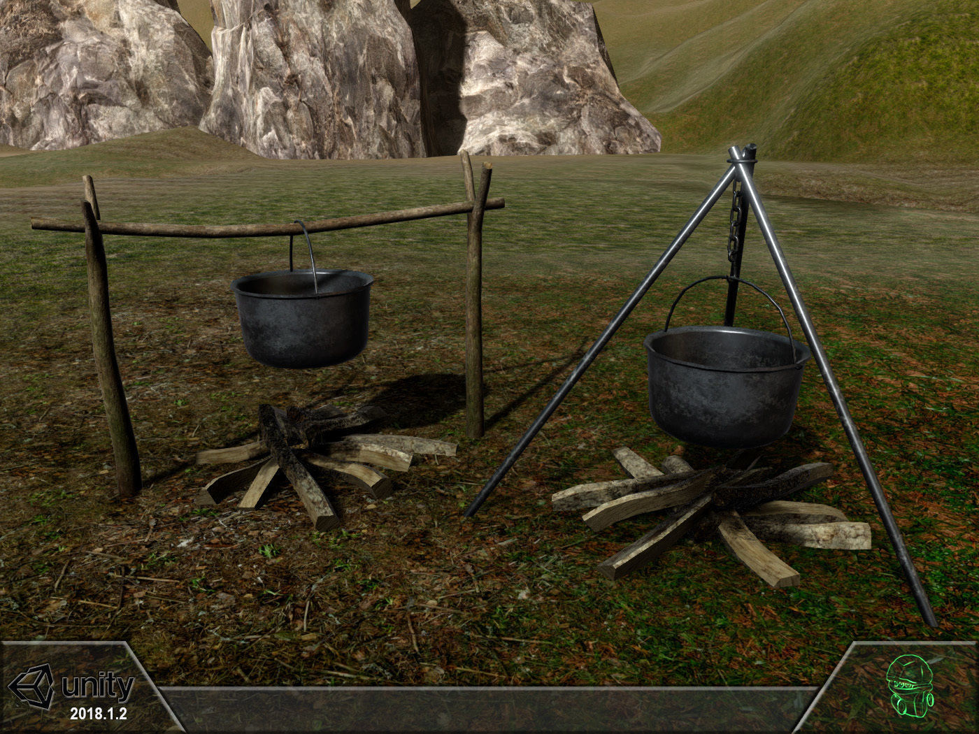 Bonfire two pots and fire pit Low-poly 3D model_7